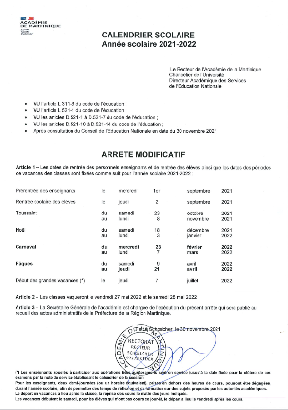Le calendrier scolaire  Académie de Martinique
