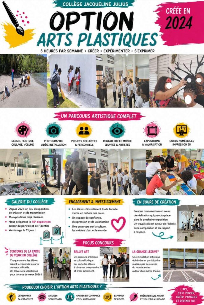 À partir de la rentrée 2027-2028, le collège relance son option Arts plastiques dès la classe de 5e : un parcours d'excellence permettant aux élèves sélectionnés dès la 6e de développer leur créativité, leur culture artistique, leur sens de l'observation et leur confiance en eux à travers des projets ambitieux.