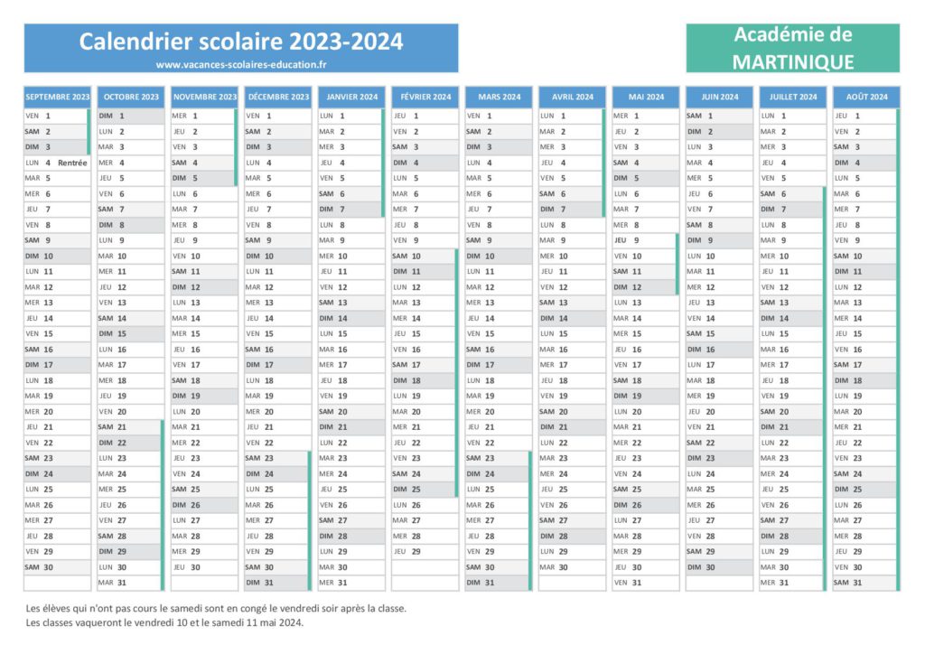 Calendrier scolaire 2023-2024 - Académie de Martinique.