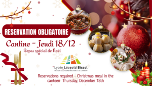 🎄 Réservation obligatoire Reservation required – Repas de Noël à la cantine – Jeudi 18 décembre